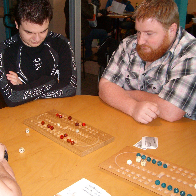 Samsara-Spielbretter Eiche und Buche mit roten bzw. türkisen Spielsteinen bei einer Spielrunde auf der Kningencon